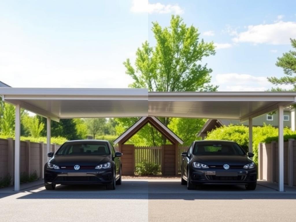 A bright and sunlit carport, featuring a side-by-side comparison of a flat roof and a pitched roof design. In the foreground, the sleek, minimalist lines of the flat-roofed carport stand in contrast to the classic, triangular silhouette of the pitched-roof structure in the middle ground. The background showcases a serene, natural setting with lush greenery and a clear sky, creating a harmonious and tranquil atmosphere. The lighting is soft and diffused, highlighting the textures and materials of the carport structures. The camera angle is slightly elevated, providing a comprehensive view of the two carport styles and allowing the viewer to easily compare and evaluate their distinct features and aesthetics.