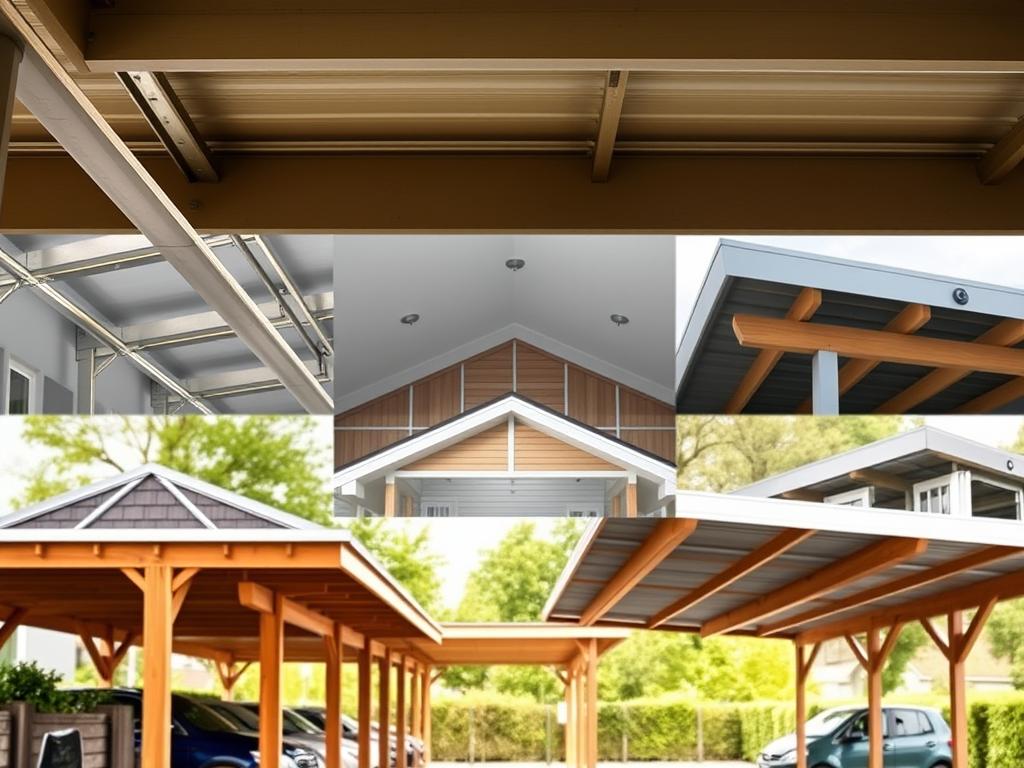 A neatly arranged carport montage showcasing practical installation examples. In the foreground, intricate details of the carport structure, from sleek metal beams to sturdy wooden posts, all expertly assembled. The middle ground features a variety of carport designs, ranging from traditional gabled roofs to modern flat canopies, allowing the viewer to envision the versatility of these structures. In the background, a soft, warm lighting creates a welcoming ambiance, highlighting the carport's seamless integration into the surrounding landscape. The image conveys a sense of professional craftsmanship and practical solutions for carport installation, aligning with the section title "Praxisbeispiele und Montagehinweise".