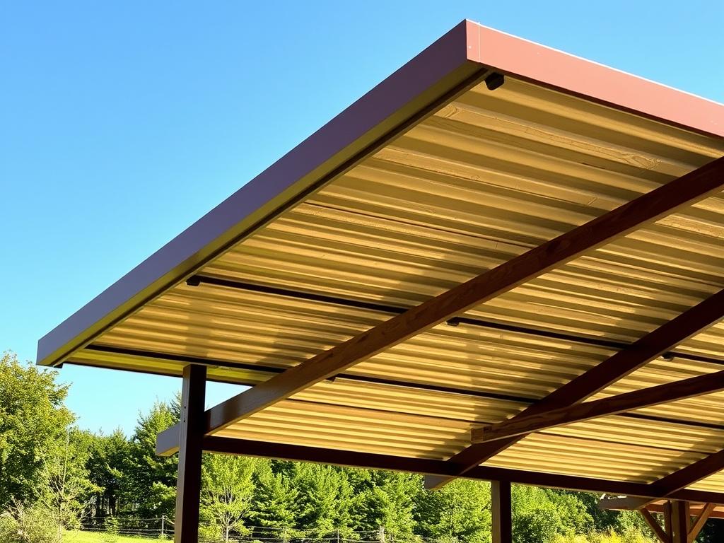 A well-maintained carport roof, its clean, weathered surface glistening under the warm sunlight. The intricate textures of the roofing material, whether a sleek metal panel or a durable shingle, are captured in vivid detail. The roof's gentle slope casts soft shadows, accentuating its architectural design. The carport structure itself, perhaps constructed from sturdy wood or sleek aluminum, stands as a testament to its longevity. A serene, pastoral scene surrounds the carport, with lush greenery and a clear blue sky, conveying a sense of harmony and timelessness. This image embodies the care and attention required to ensure the carport's roof remains a reliable, long-lasting component of the overall structure.